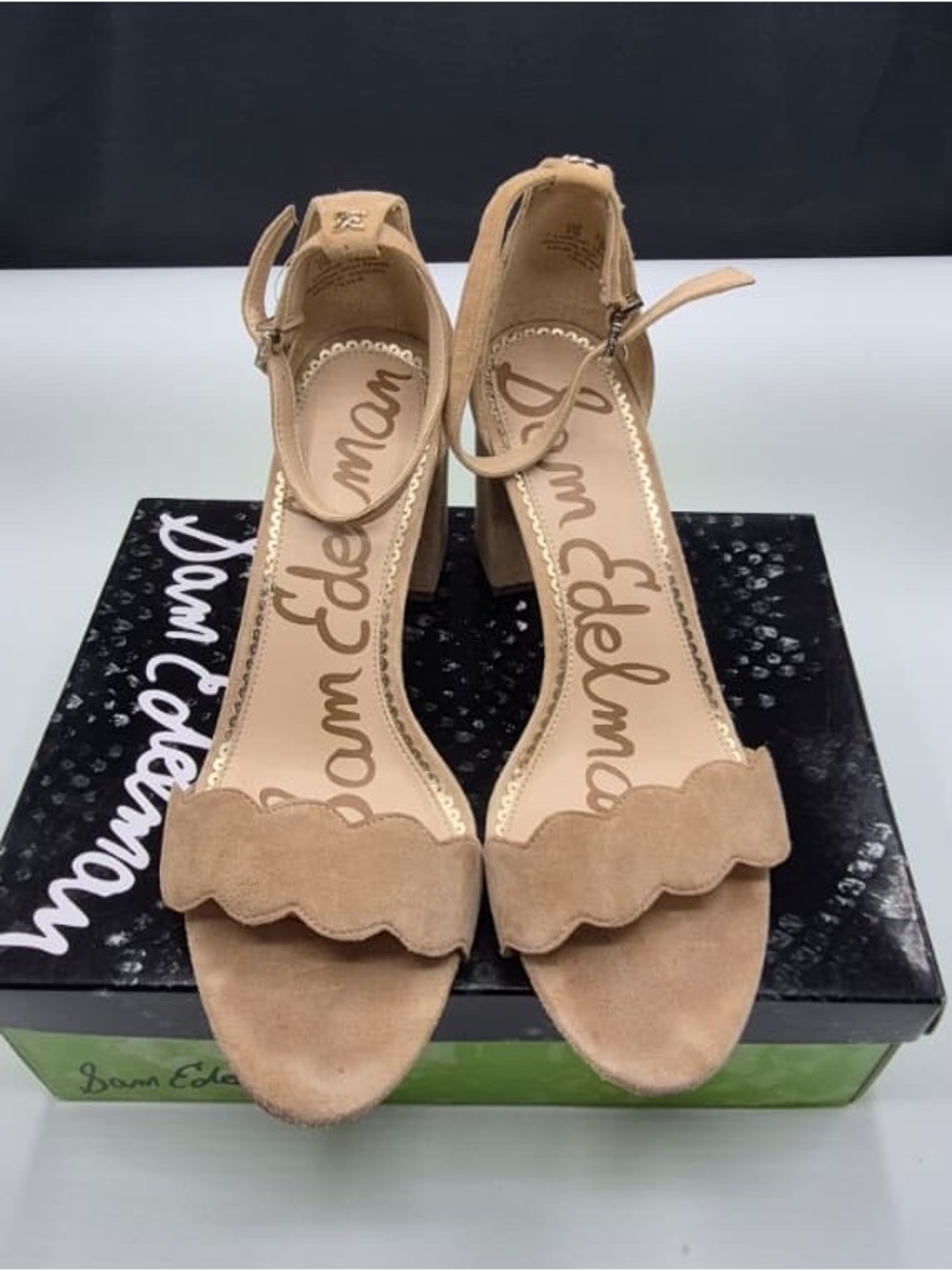 Sam Edelman Tan Suede Scalloped Ankle-Strap Block Heel Sandals, used with box